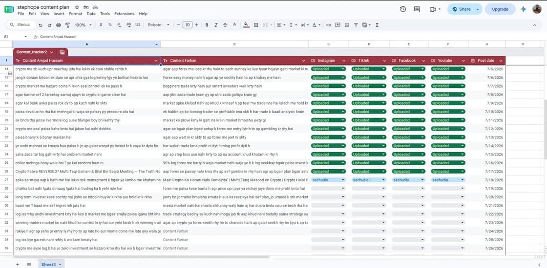 Monthly content calendar spreadsheet with daily content ideas and upload status for Instagram, TikTok, Facebook and YouTube