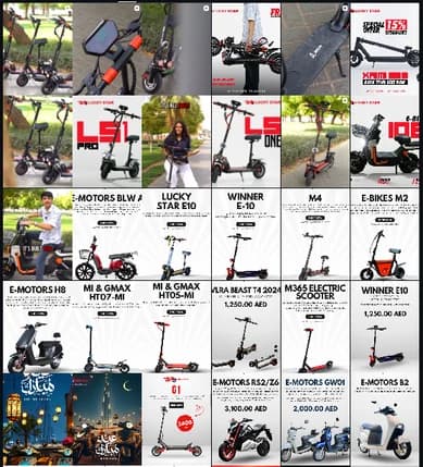Grid of product posts and promotions for electric scooters and e-bikes