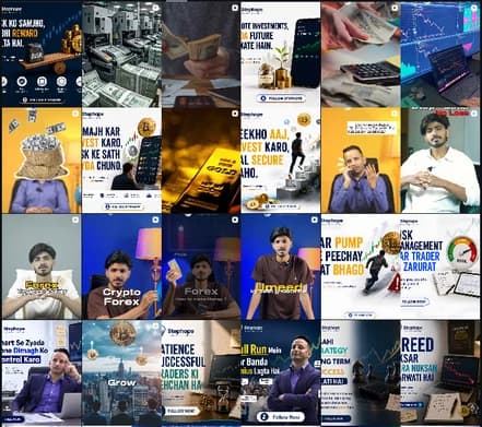 Grid of Instagram posts and reel covers about investing, forex and crypto education