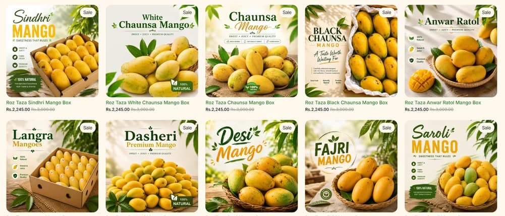 Grid of ten social posts showcasing different mango varieties with prices