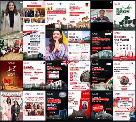 Grid of social posts promoting study destinations, university intakes and events
