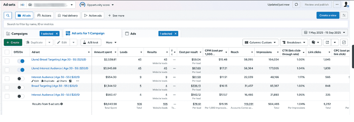High-Ticket Renovation campaign dashboard — 195 qualified leads at $41 CPL
